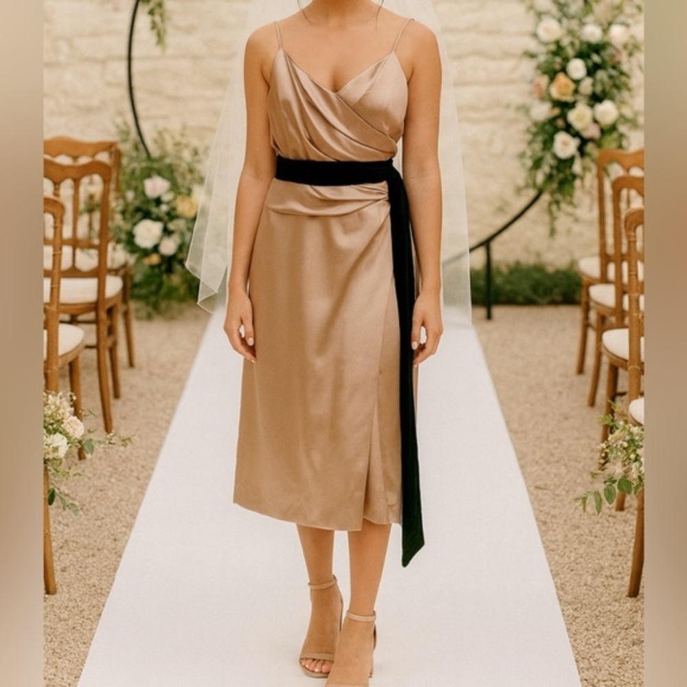 Vera Wang Maids Taupe Tea Length Sleeveless Bridesmaid Dress Waist Tie Formal